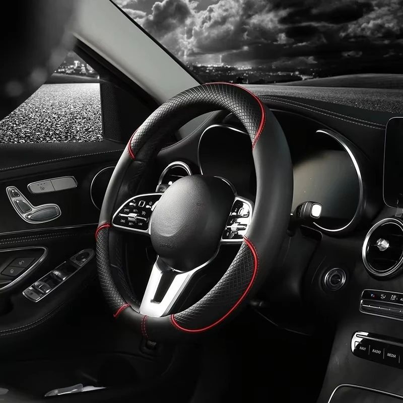 Leather Steering Wheel Cover Diamond Pattern AntiSlip Universal 14515 In Car Wheel Protector 1