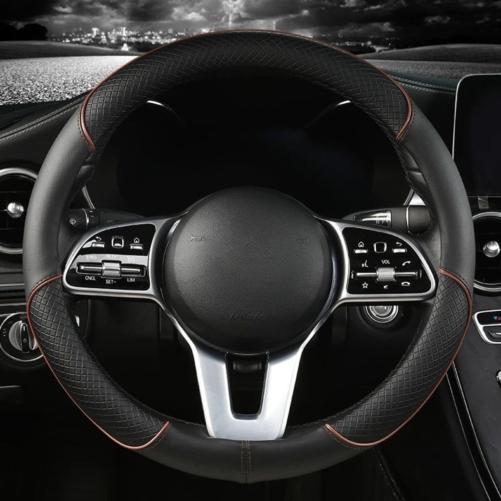 Leather Steering Wheel Cover Diamond Pattern AntiSlip Universal 14515 In Car Wheel Protector 11