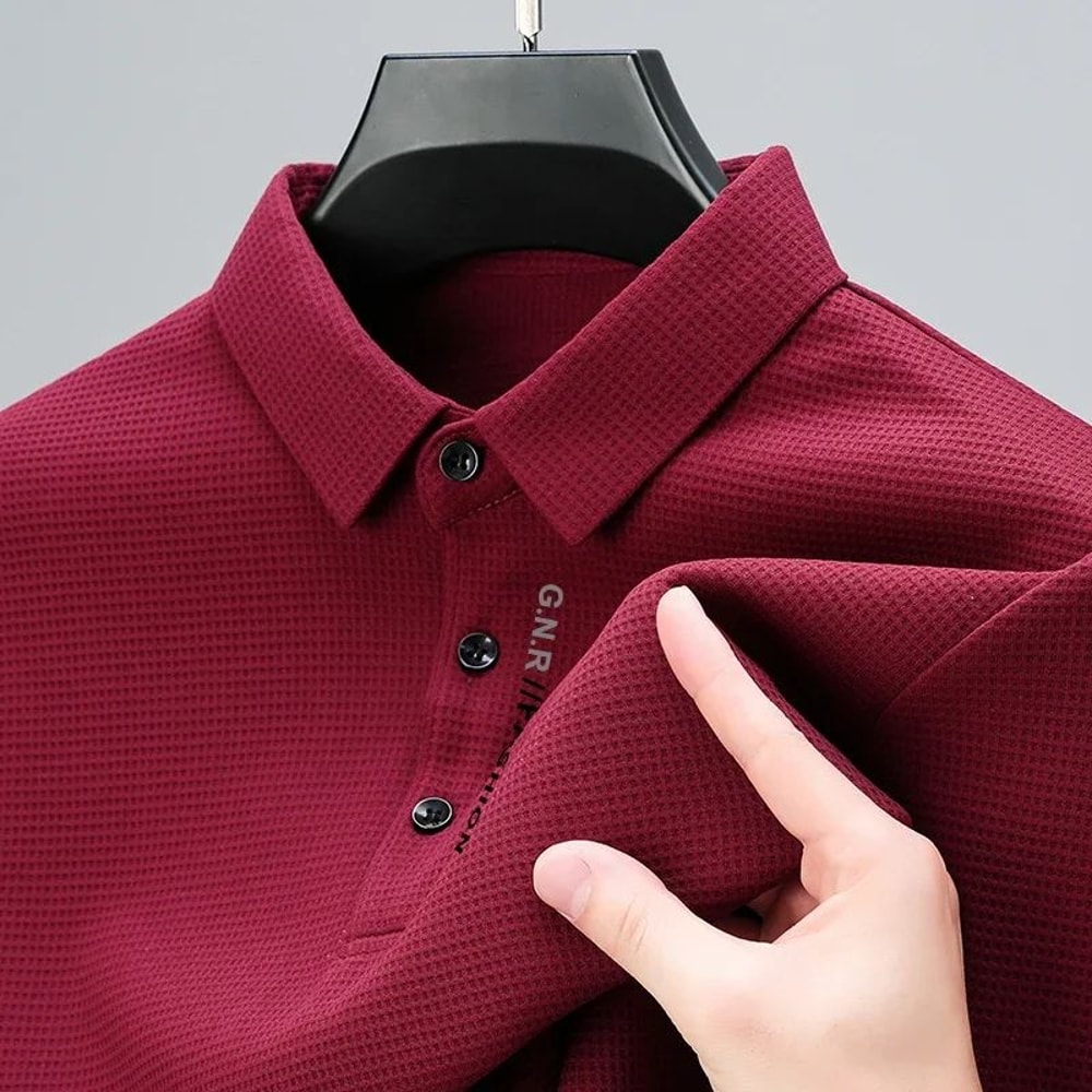 Mens Waffle Knit Polo Shirt Long Sleeve Casual Letter Print Lapel Top 2