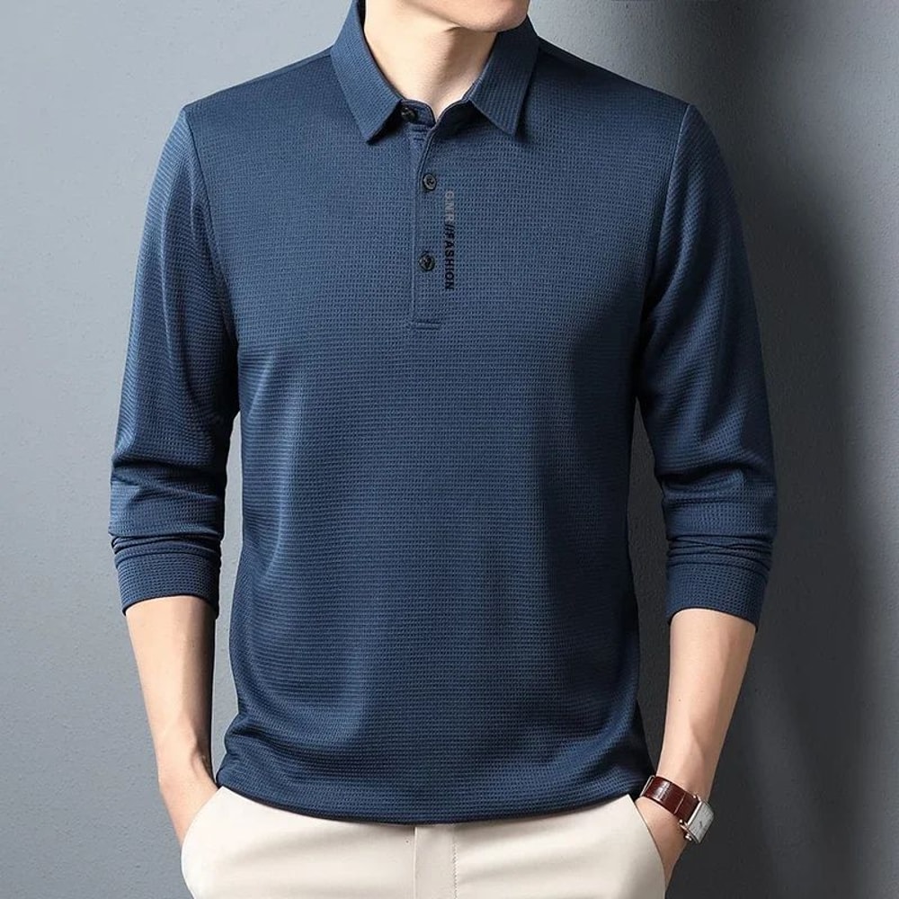 Mens Waffle Knit Polo Shirt Long Sleeve Casual Letter Print Lapel Top 8