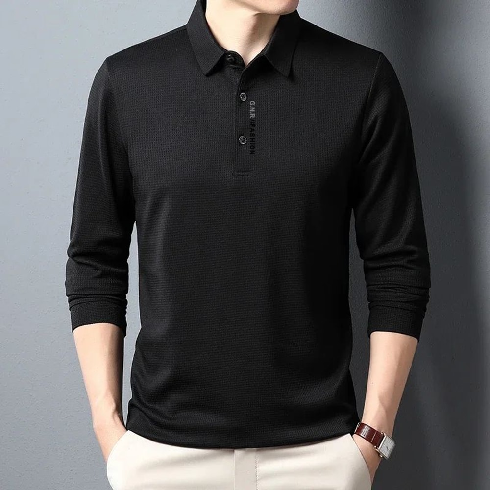 Mens Waffle Knit Polo Shirt Long Sleeve Casual Letter Print Lapel Top 10