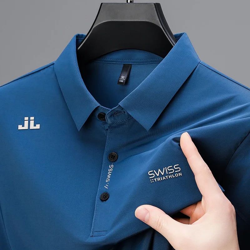 Mens Solid Polo Shirt Short Sleeve Business Casual Polo With Badge Breathable Summer Shirt 2
