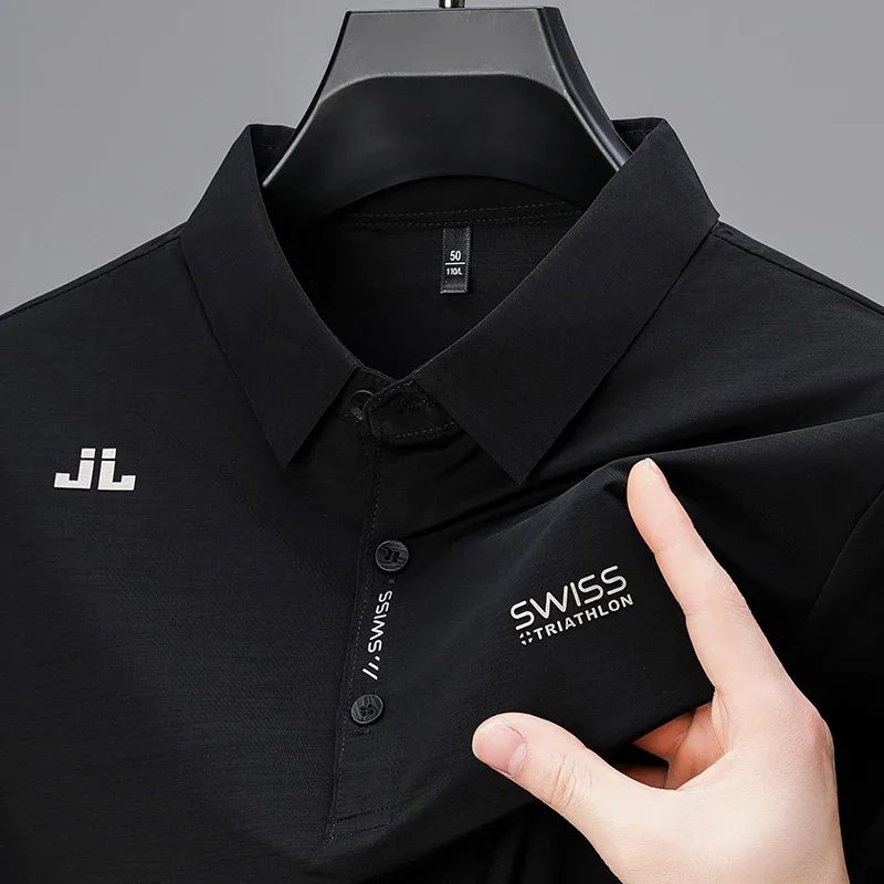 Mens Solid Polo Shirt Short Sleeve Business Casual Polo With Badge Breathable Summer Shirt 10