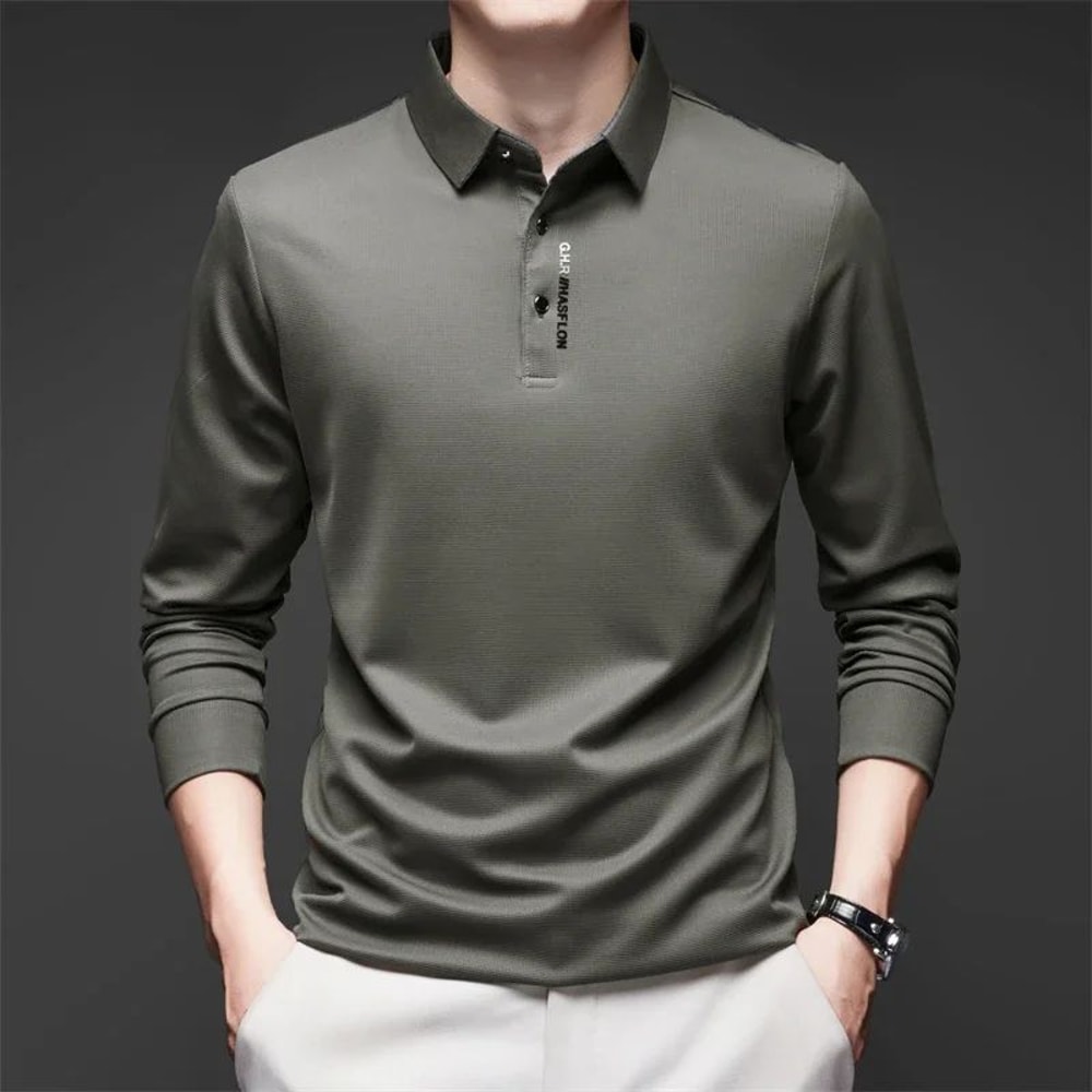 Mens Solid Polo Shirt Long Sleeve Business Casual Polo With Badge AntiWrinkle Breathable Shirt 1