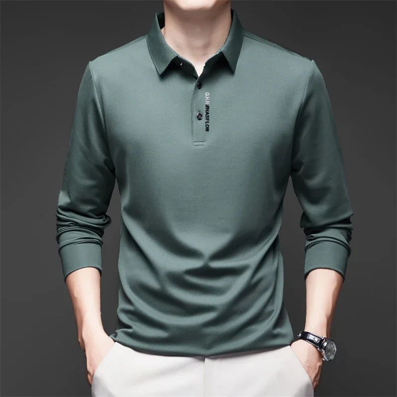 Mens Solid Polo Shirt Long Sleeve Business Casual Polo With Badge AntiWrinkle Breathable Shirt 2