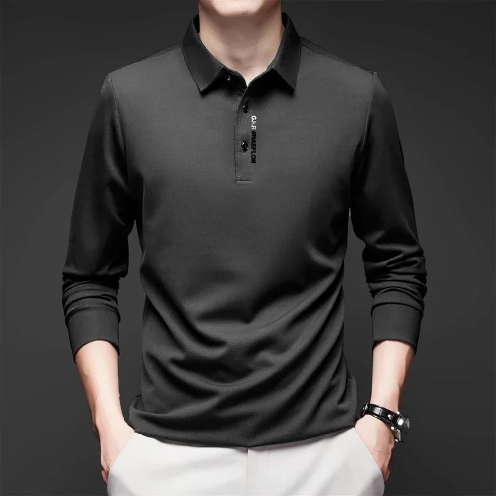 Mens Solid Polo Shirt Long Sleeve Business Casual Polo With Badge AntiWrinkle Breathable Shirt 3