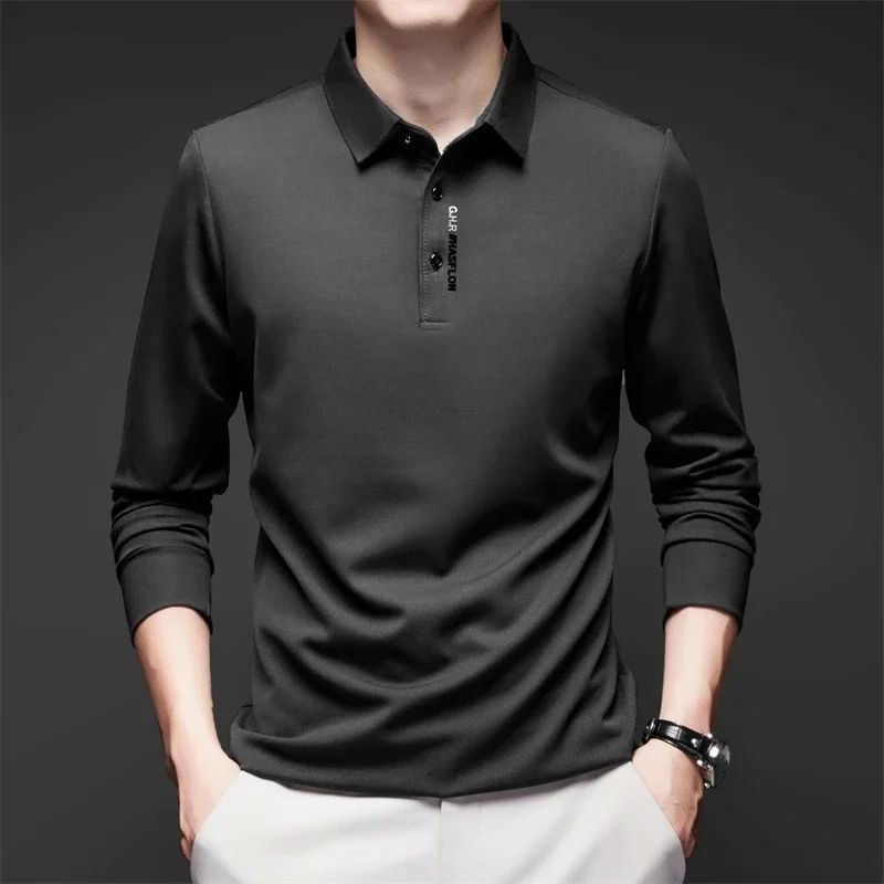 Mens Solid Polo Shirt Long Sleeve Business Casual Polo With Badge AntiWrinkle Breathable Shirt 3