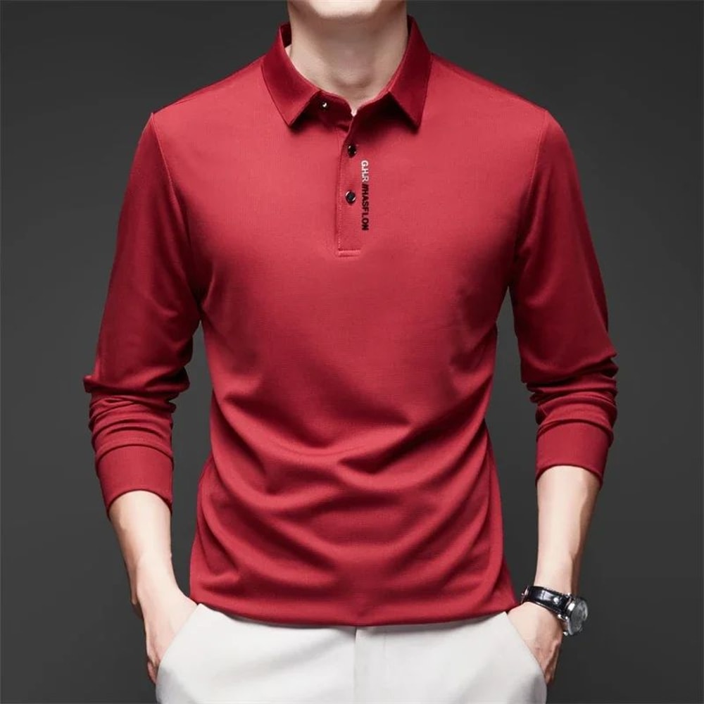 Mens Solid Polo Shirt Long Sleeve Business Casual Polo With Badge AntiWrinkle Breathable Shirt 0