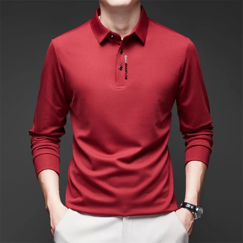 Mens Solid Polo Shirt Long Sleeve Business Casual Polo With Badge AntiWrinkle Breathable Shirt 0