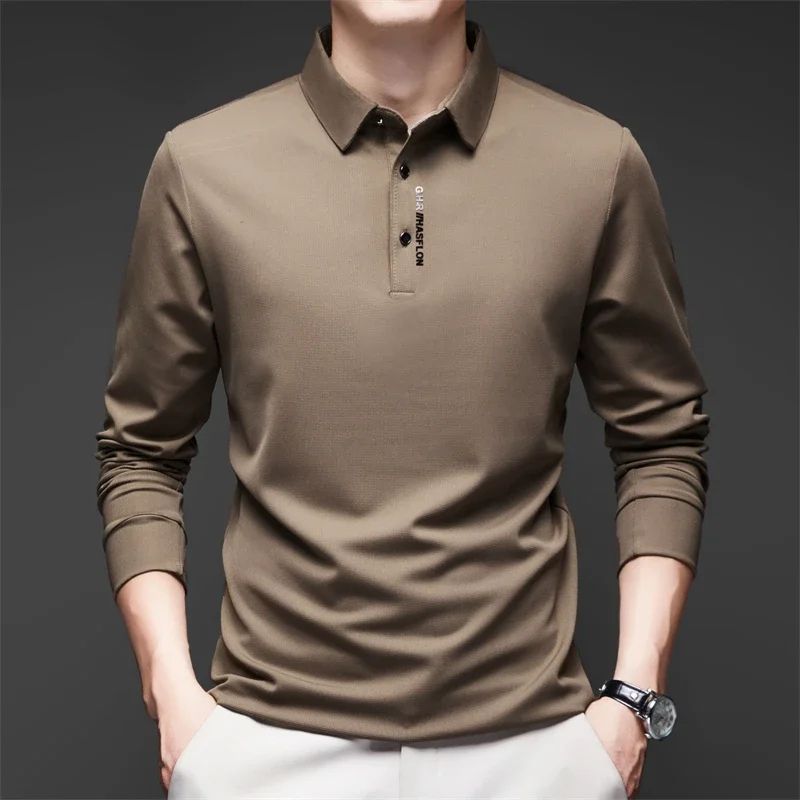 Mens Solid Polo Shirt Long Sleeve Business Casual Polo With Badge AntiWrinkle Breathable Shirt 5