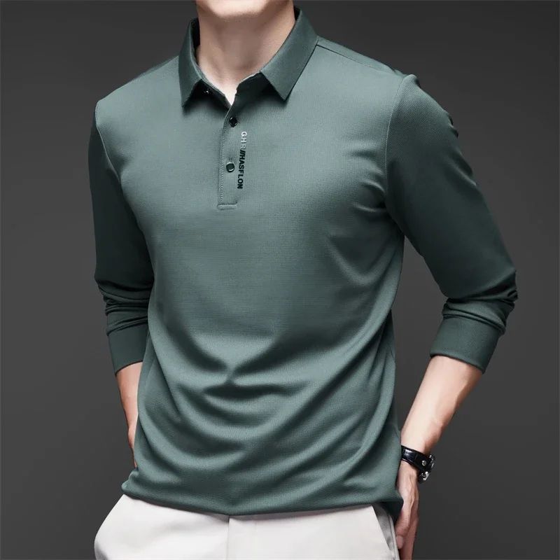 Mens Solid Polo Shirt Long Sleeve Business Casual Polo With Badge AntiWrinkle Breathable Shirt 6