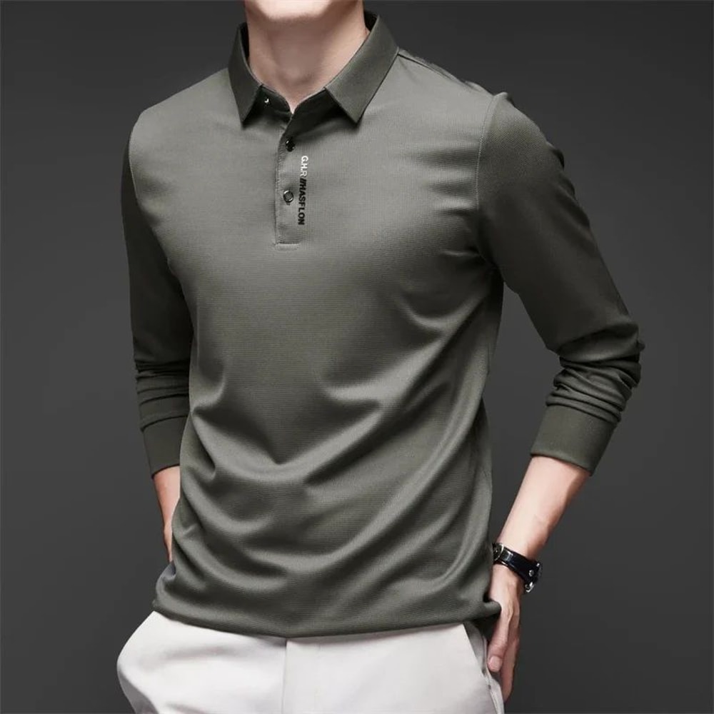 Mens Solid Polo Shirt Long Sleeve Business Casual Polo With Badge AntiWrinkle Breathable Shirt 7