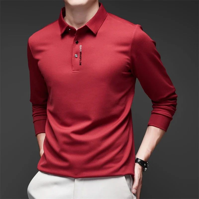 Mens Solid Polo Shirt Long Sleeve Business Casual Polo With Badge AntiWrinkle Breathable Shirt 9