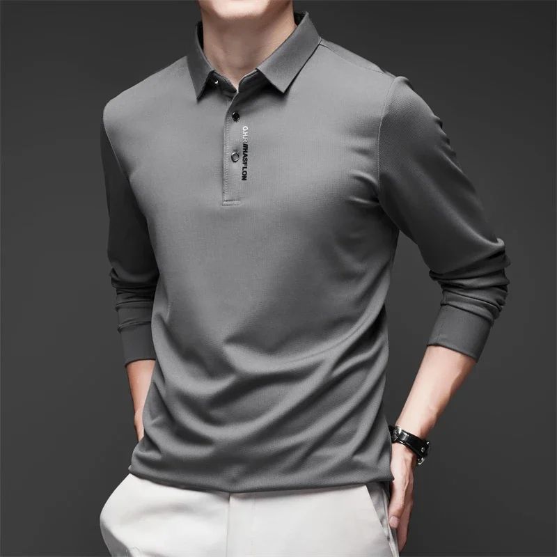 Mens Solid Polo Shirt Long Sleeve Business Casual Polo With Badge AntiWrinkle Breathable Shirt 12