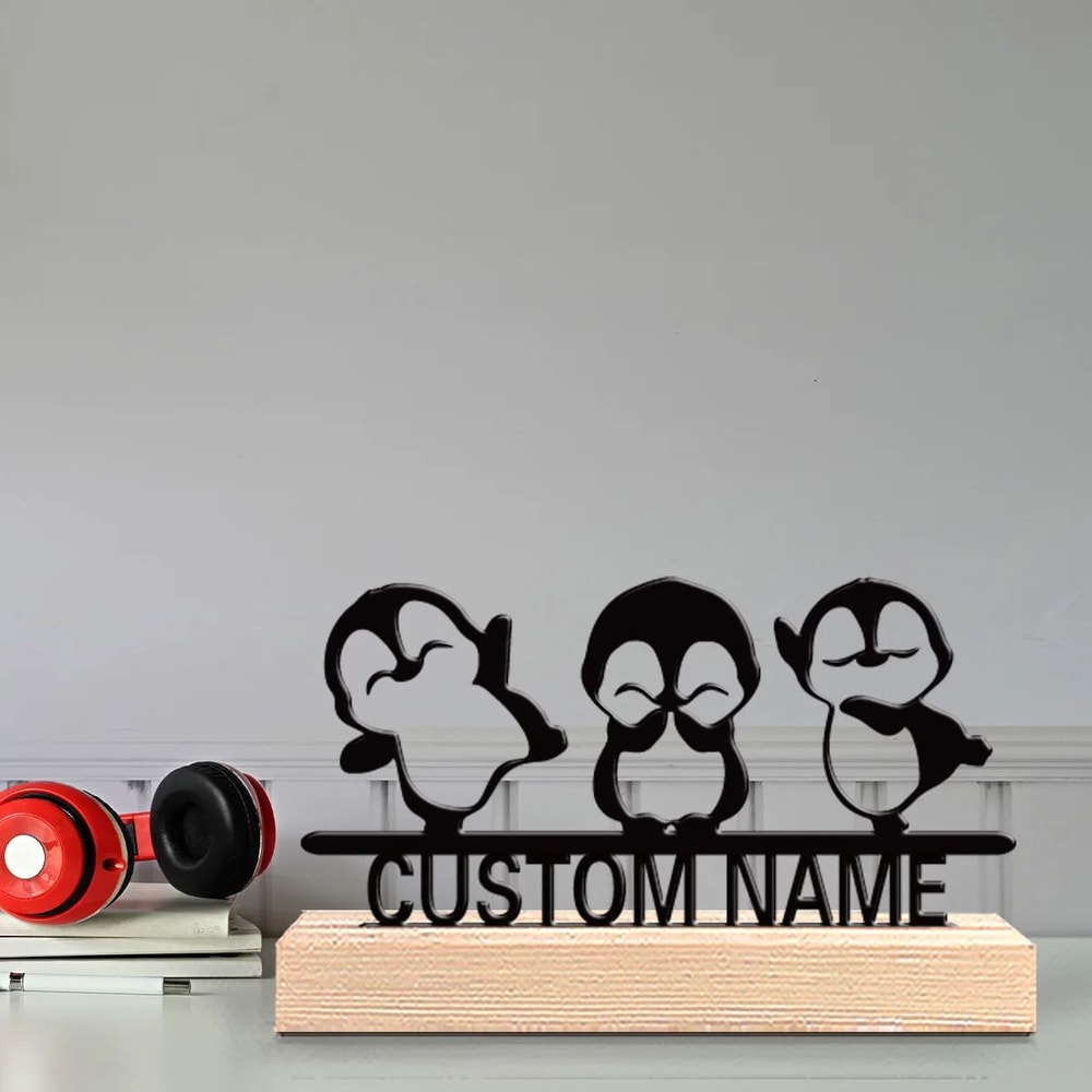 Personalized Penguin Metal Art Custom 3 Penguins Statue With Wooden Base Cute Desk Decor 2