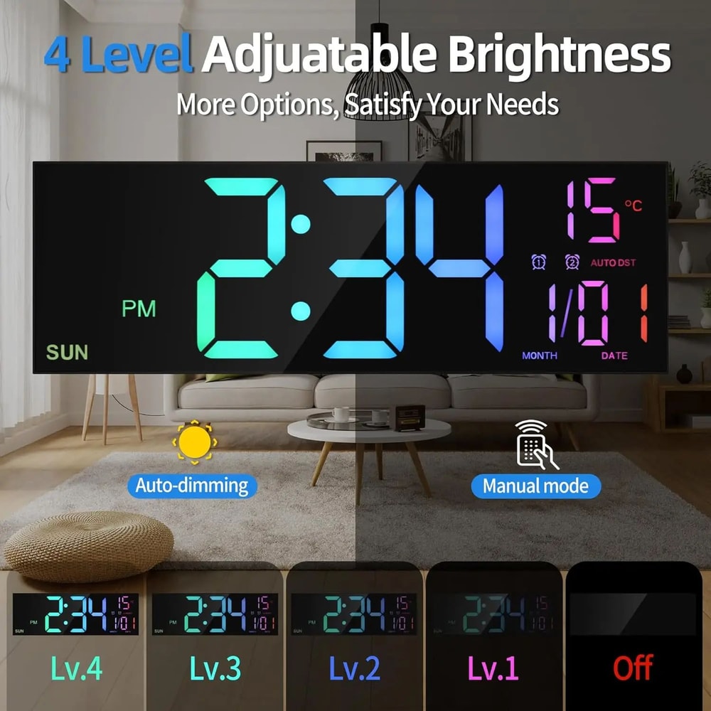 162in Large Digital Wall Clock LED RGB Display Remote Control Dual Alarm Auto Dimming Clock 2