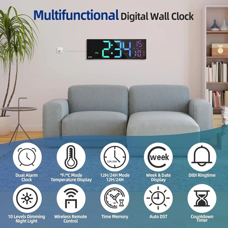 162in Large Digital Wall Clock LED RGB Display Remote Control Dual Alarm Auto Dimming Clock 4