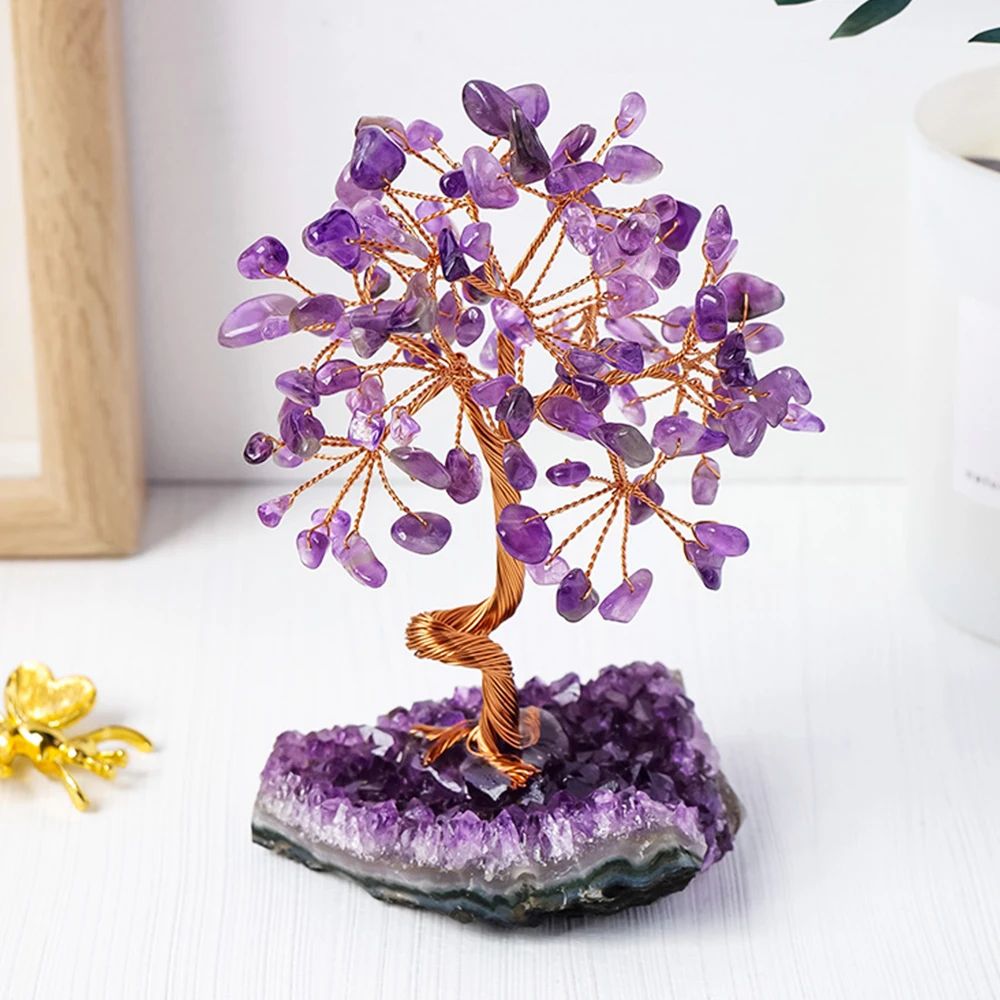 Amethyst Crystal Tree Decor Wire Wrapped Healing Stone Bonsai On Natural Gravel Base 1