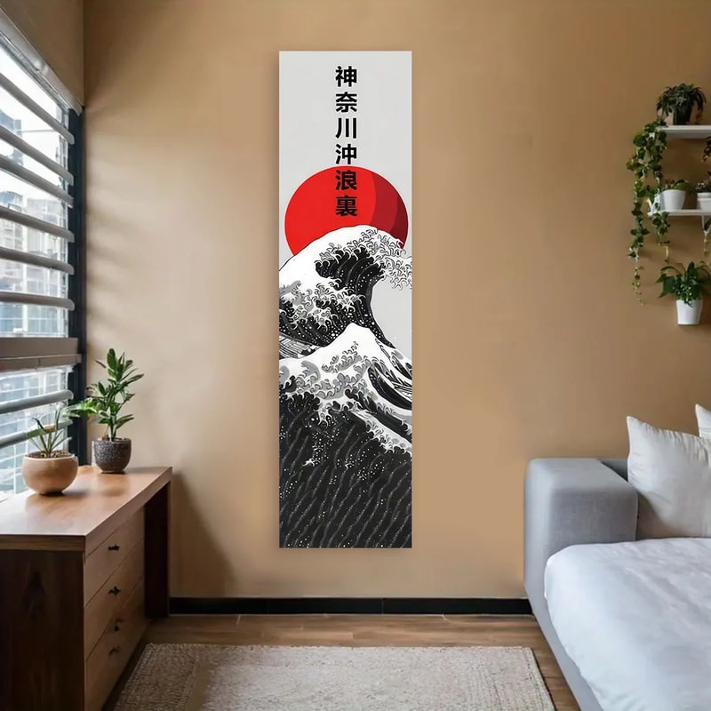 Japanese Great Wave Tapestry Black Ocean Waves Red Sun Wall Hanging Art 8