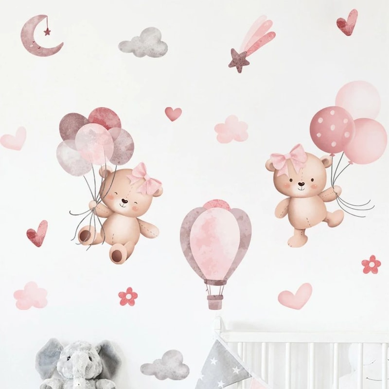 Pink Cartoon Bear Balloon Wall Stickers Cute Nursery Vinyl Decals For Kids Room Decor 5