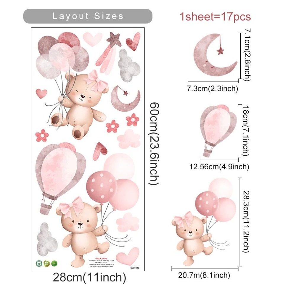Pink Cartoon Bear Balloon Wall Stickers Cute Nursery Vinyl Decals For Kids Room Decor 8