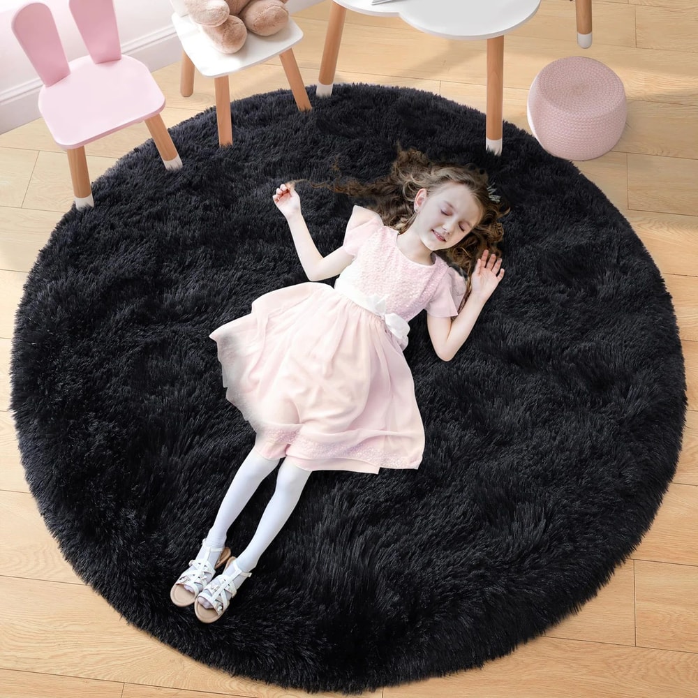 Fluffy Black Round Shaggy Rug Soft Plush Bedroom Living Room Area Carpet 12