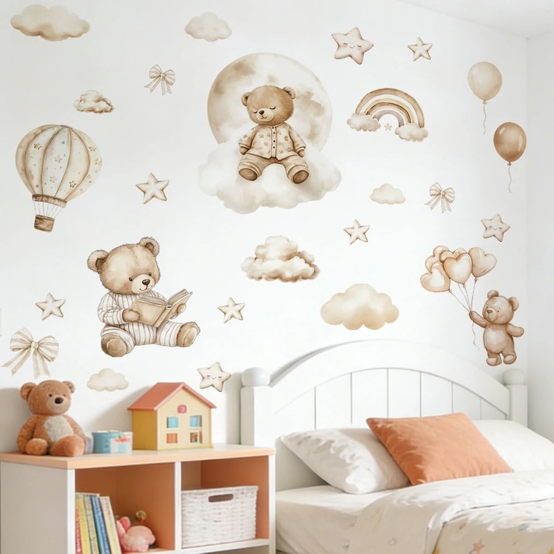 Boho Teddy Bear Balloon Wall Sticker Watercolor Nursery Vinyl Decal For Kids Room Decor 2