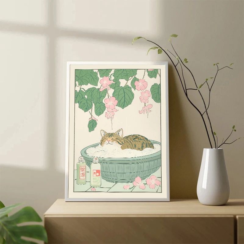 Japanese Tabby Cat Bathtub Canvas Wall Art Japandi Retro Aesthetic Bathroom Poster 1