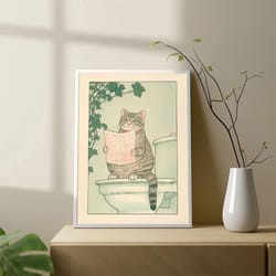 japanese tabby cat bathtub canvas wall art – japandi retro aesthetic bathroom poster