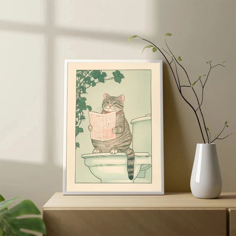 Japanese Tabby Cat Bathtub Canvas Wall Art Japandi Retro Aesthetic Bathroom Poster 0
