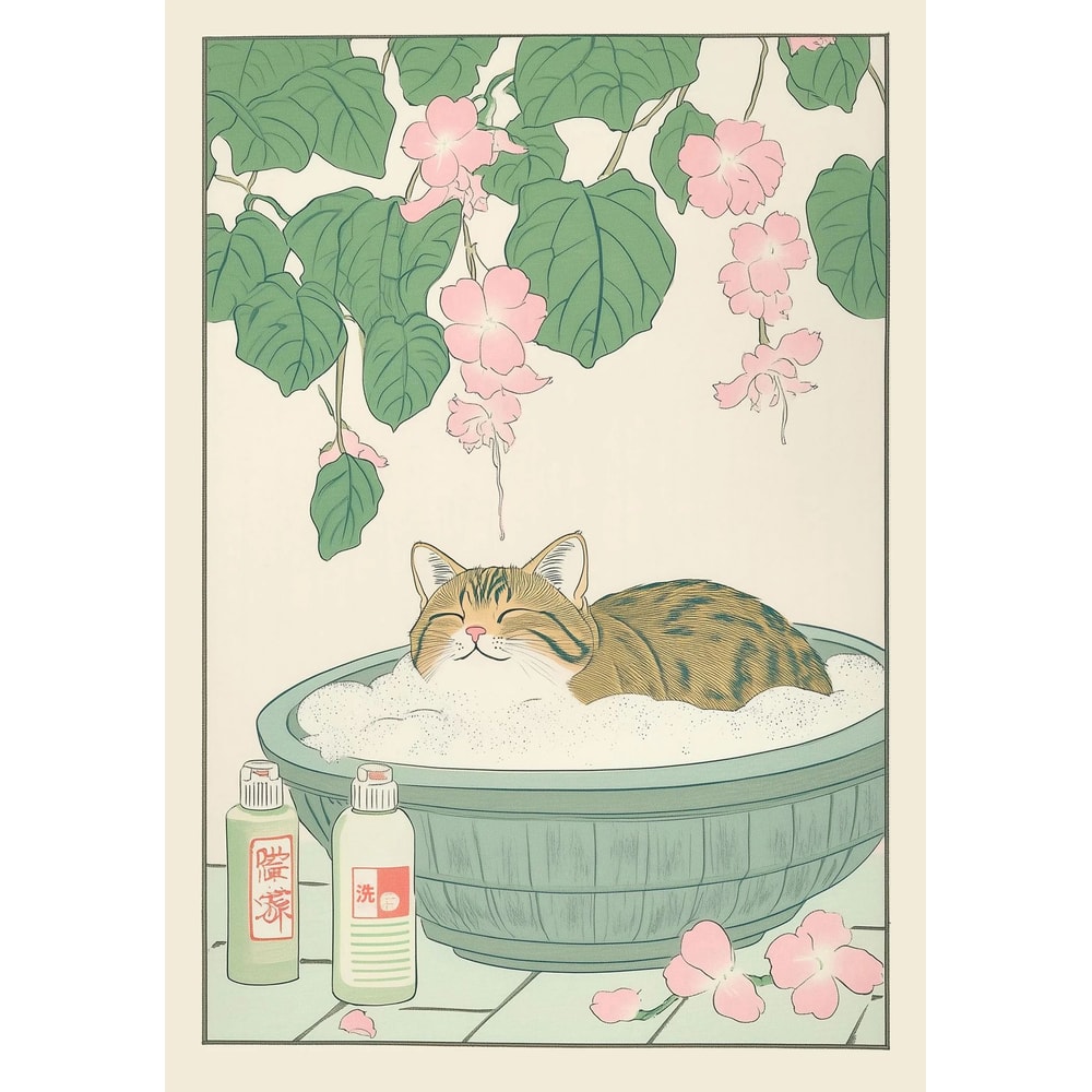 Japanese Tabby Cat Bathtub Canvas Wall Art Japandi Retro Aesthetic Bathroom Poster 15
