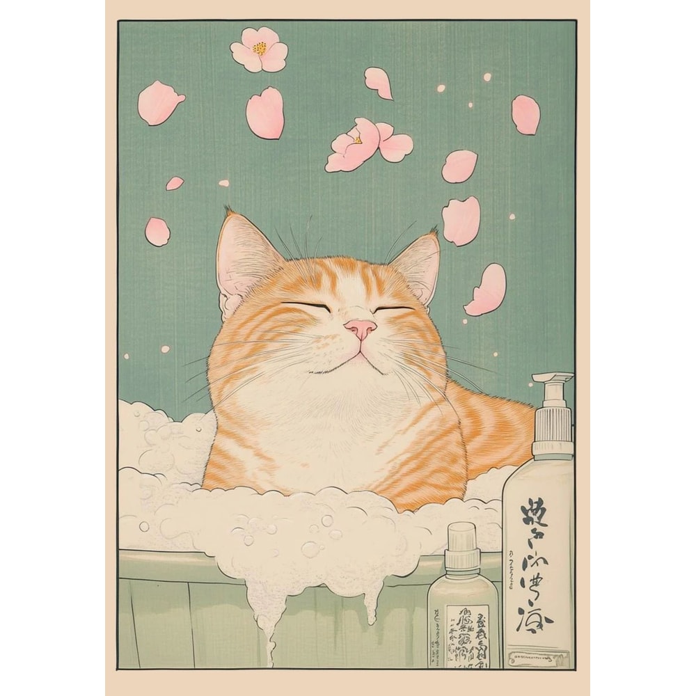 Japanese Tabby Cat Bathtub Canvas Wall Art Japandi Retro Aesthetic Bathroom Poster 8