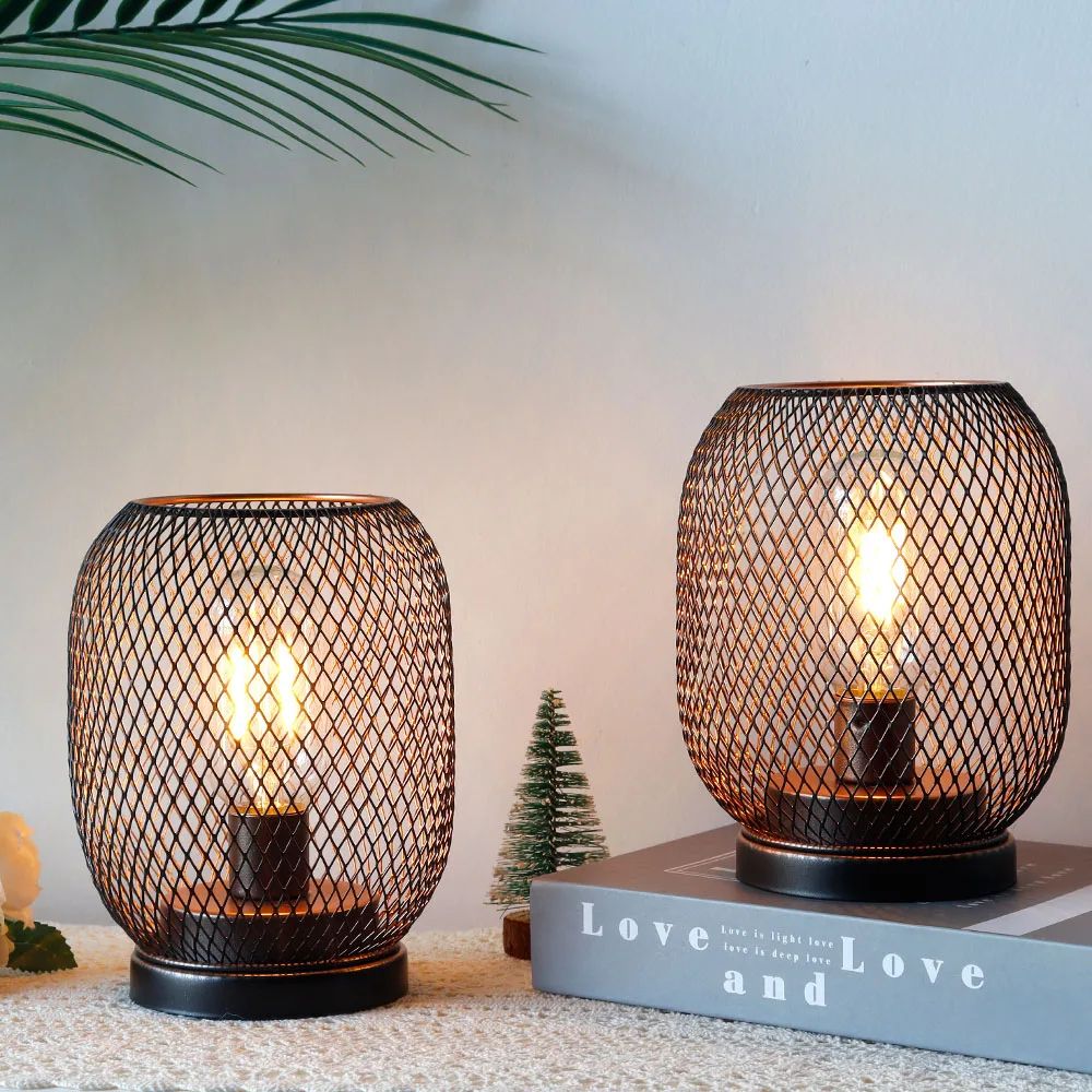 Metal Cage LED Table Lamp Round Battery Powered Lantern Candle Holder Decor 0