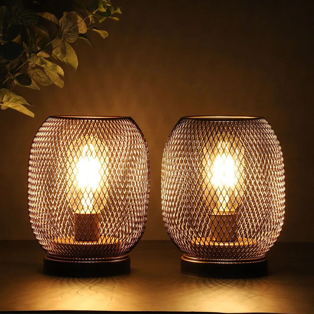 Metal Cage LED Table Lamp Round Battery Powered Lantern Candle Holder Decor 4
