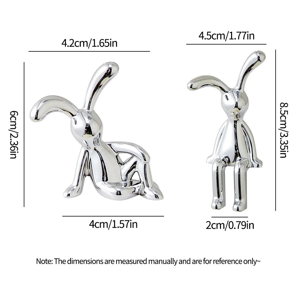 Silver LongEared Rabbit Statue Set 2pcs Cute Decorative Figurines For Home Car Desktop 7