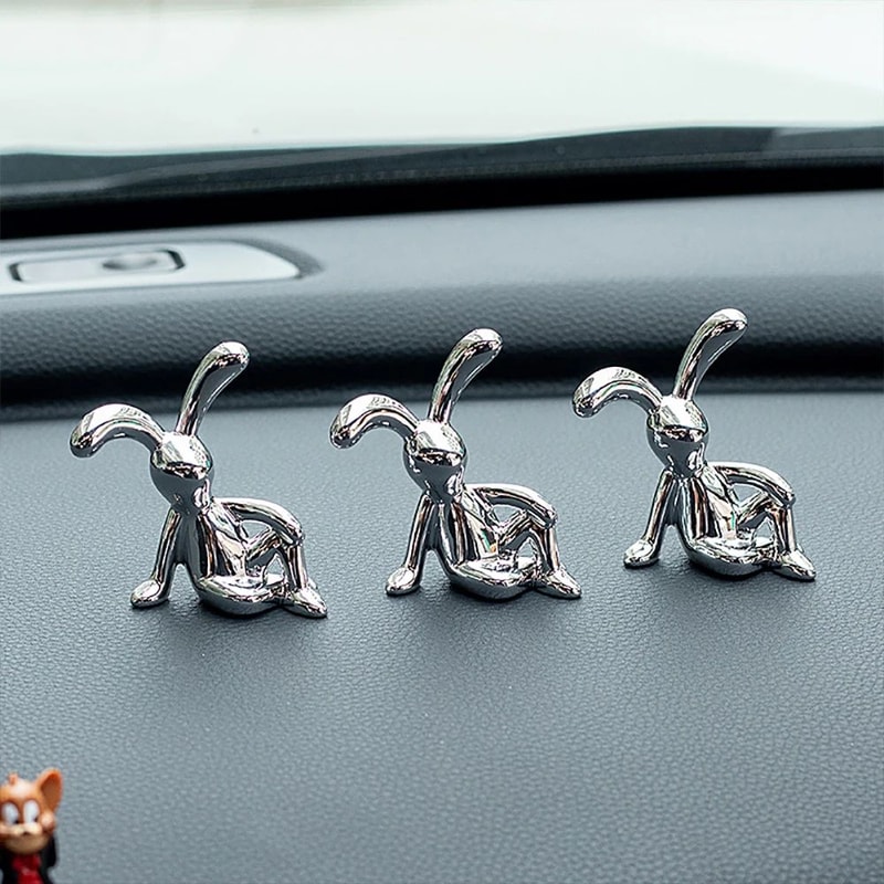 Silver LongEared Rabbit Statue Set 2pcs Cute Decorative Figurines For Home Car Desktop 6