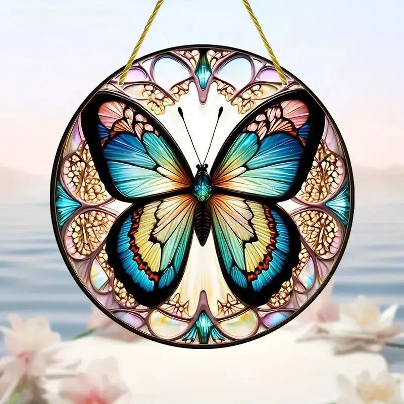Butterfly Acrylic Suncatcher Hanging Decor Round Stained Window Art Ornament With Golden Rope 18