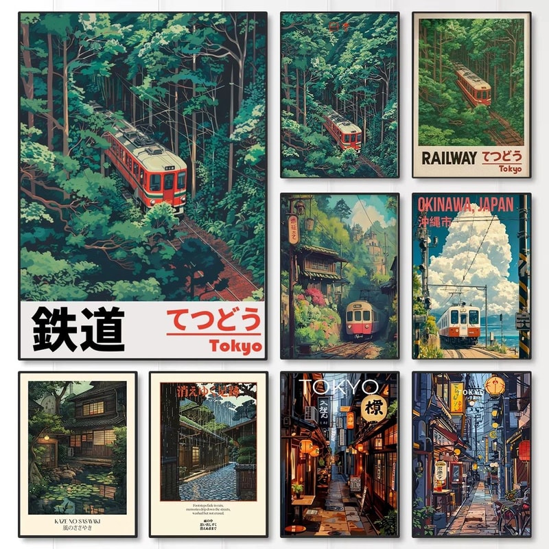 Retro Japanese Tokyo Rainy Night Canvas Wall Art Railway Street Landscape Poster For Modern Home D 3