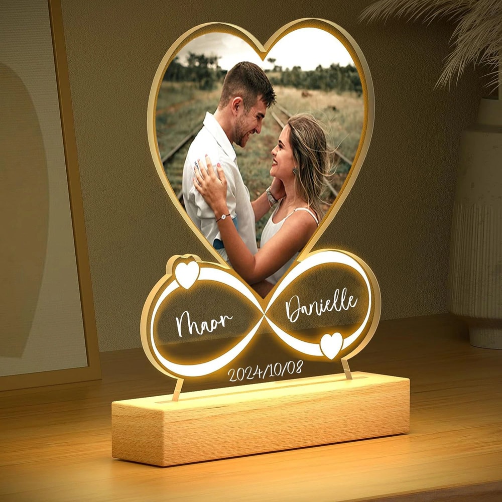 Personalized LED Acrylic Photo Frame Custom Couple Gift With Wooden Base For Anniversary Valentin 1