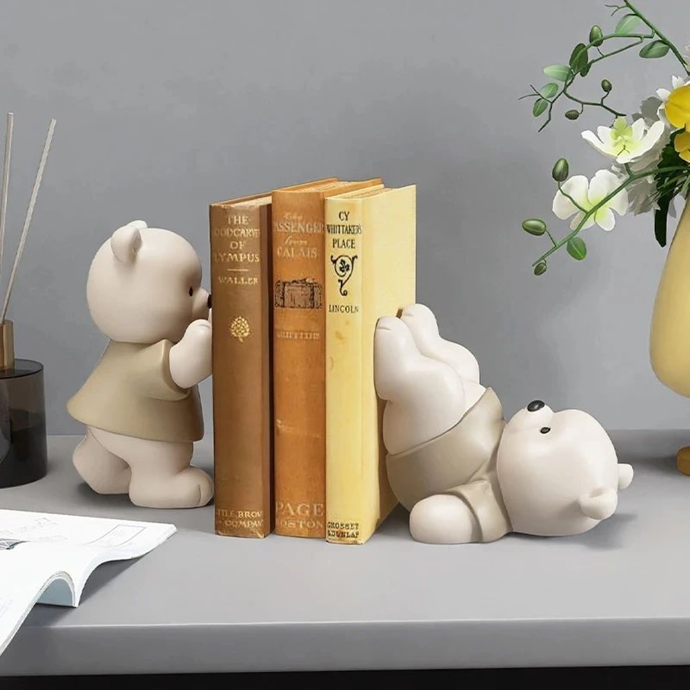 Cute Bear Bookend Figurine Cream Style Decorative Book Holder For Home Shelf Decor 2