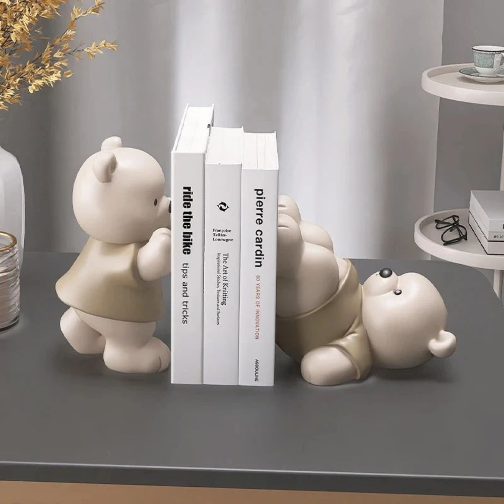 Cute Bear Bookend Figurine Cream Style Decorative Book Holder For Home Shelf Decor 3