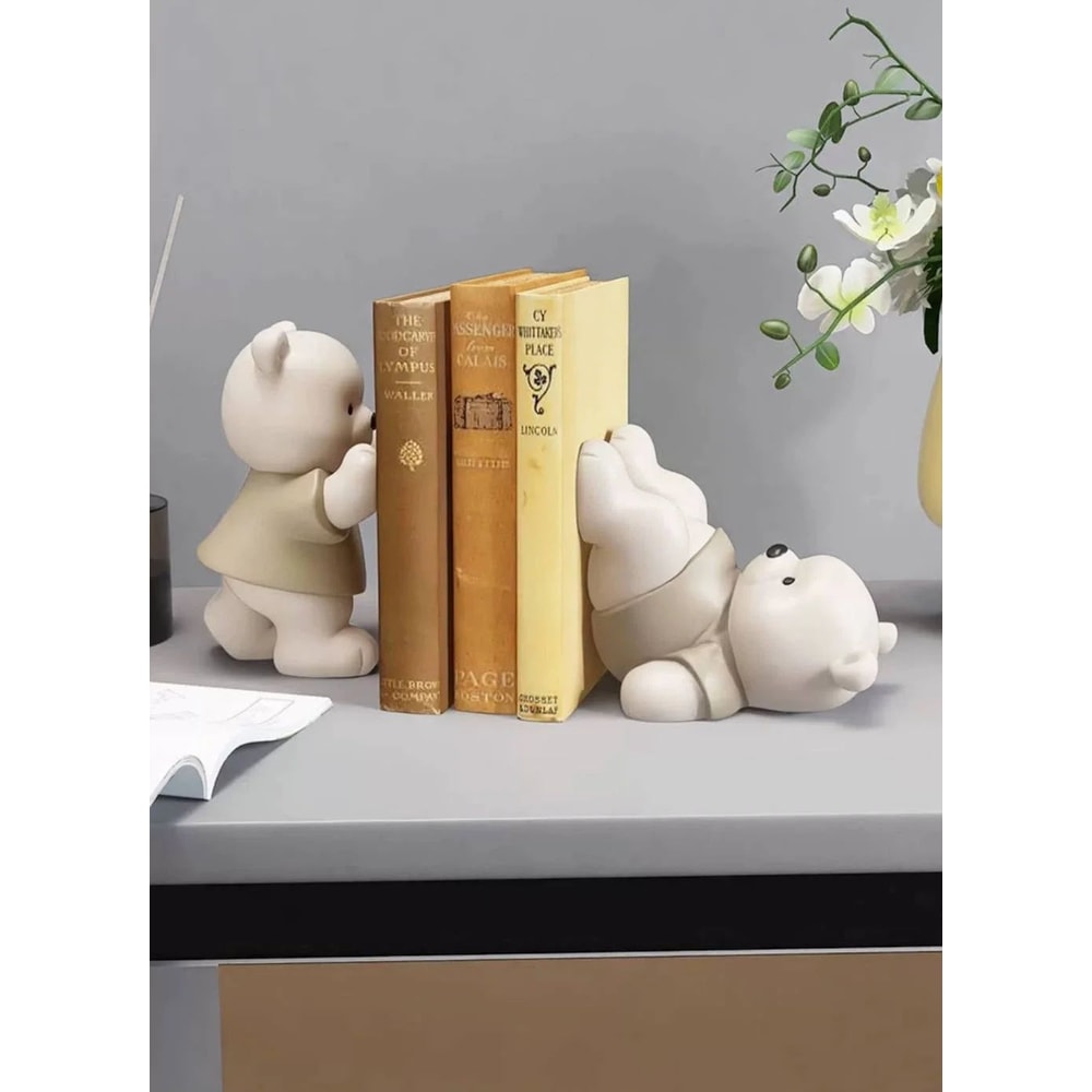 Cute Bear Bookend Figurine Cream Style Decorative Book Holder For Home Shelf Decor 5