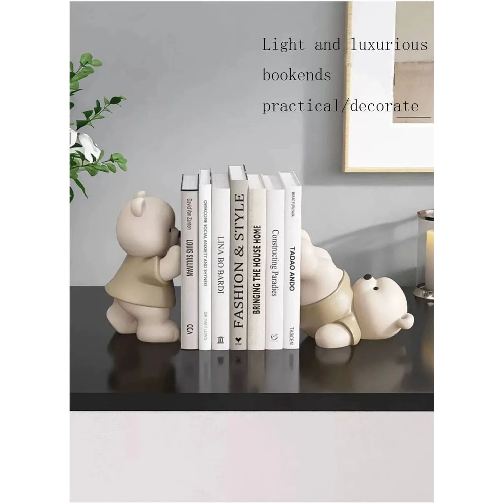 Cute Bear Bookend Figurine Cream Style Decorative Book Holder For Home Shelf Decor 8