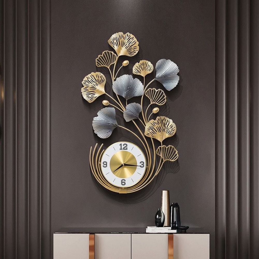 307in Ginkgo Biloba Metal Wall Clock Elegant Silent Leaf Art Decor 1