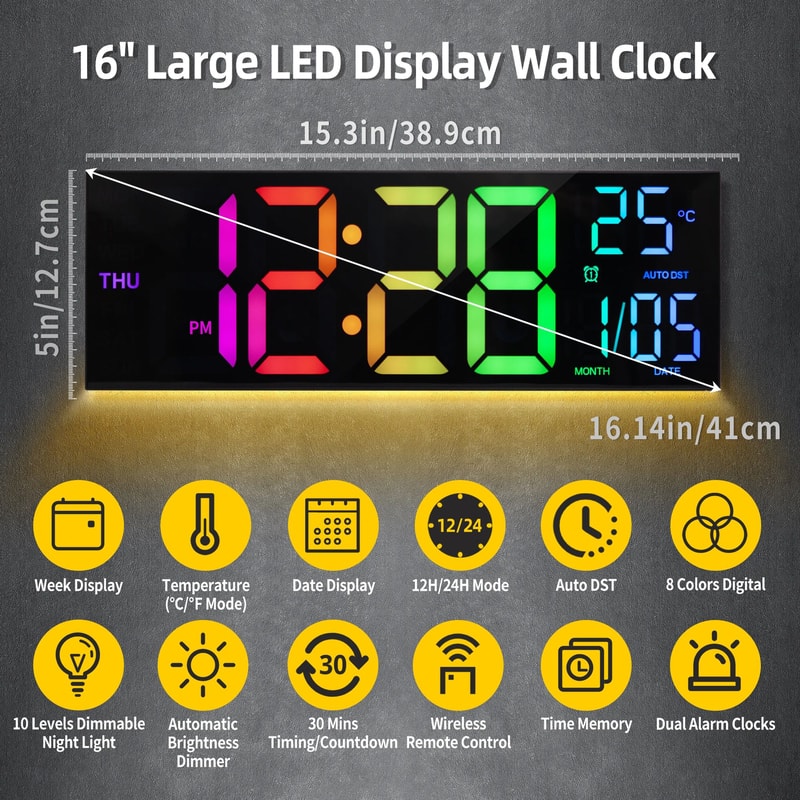 16Inch RGB LED Digital Wall Clock Large Display With Remote Alarm Temperature DST Smart Clock 5