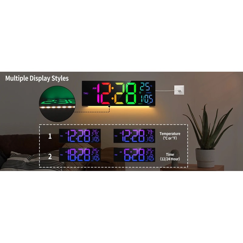 16Inch RGB LED Digital Wall Clock Large Display With Remote Alarm Temperature DST Smart Clock 6