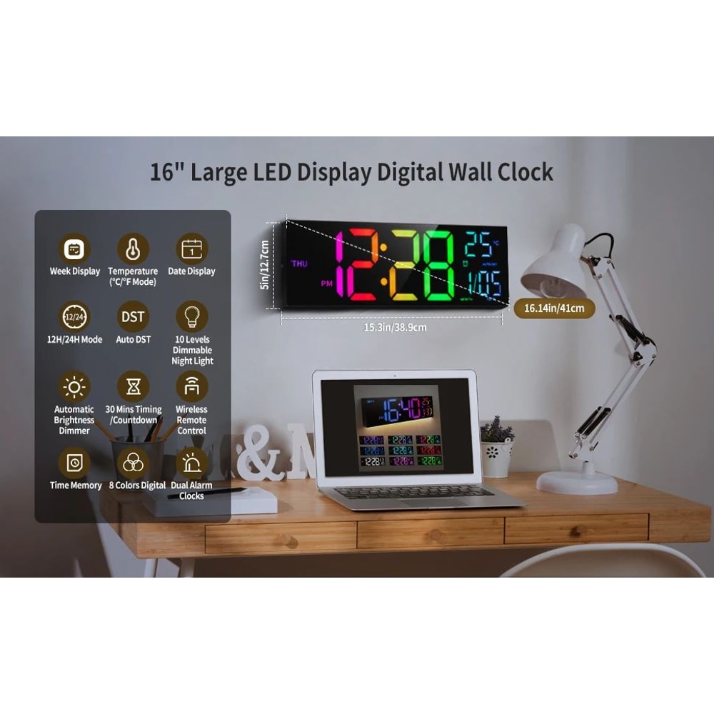 16Inch RGB LED Digital Wall Clock Large Display With Remote Alarm Temperature DST Smart Clock 9