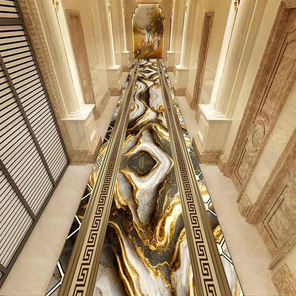 Golden Abstract Marble Runner Rug NonSlip Hallway Carpet Luxury 3D Print Washable Floor Mat 11