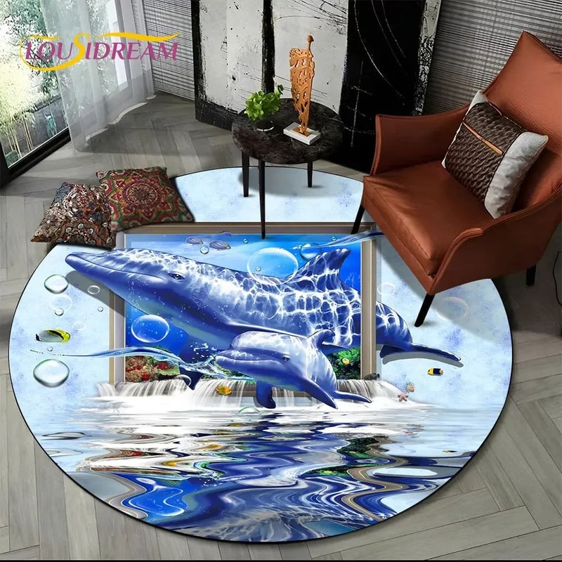 3D Underwater Dolphin Round Area Rug Ocean Illusion NonSlip Carpet For Living Room Bedroom Decor 10