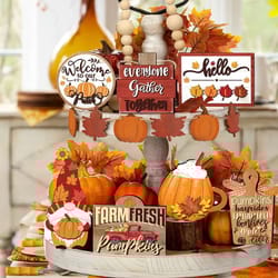 rustic farmhouse wooden tiered tray decor set – autumn pumpkin spice & maple leaf centerpiece accents
